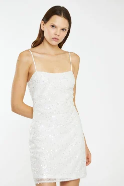 Glamorous Go To Partywear|Party Dresses|Silver Pearl-Sequin Strappy Bodycon Mini-Dress -