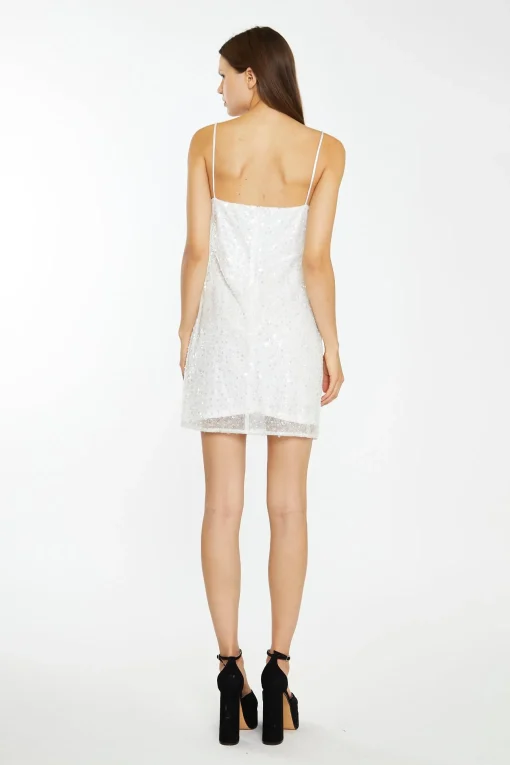 Glamorous Go To Partywear|Party Dresses|Silver Pearl-Sequin Strappy Bodycon Mini-Dress -
