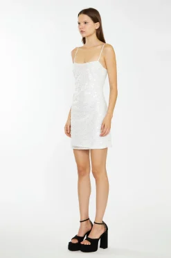 Glamorous Go To Partywear|Party Dresses|Silver Pearl-Sequin Strappy Bodycon Mini-Dress -