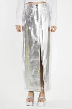 Glamorous Going Out Skirts|Midi & Midaxi Skirts|Silver PU Centre-Split Midi-Skirt -
