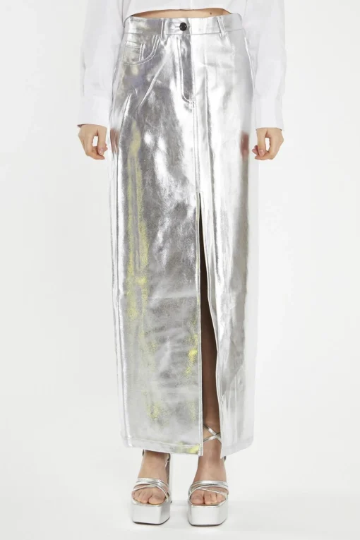 Glamorous Going Out Skirts|Midi & Midaxi Skirts|Silver PU Centre-Split Midi-Skirt -