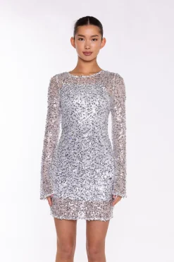 Glamorous Sequin Dresses|Party Dresses|Silver Sequin-Mesh Mini-Dress -