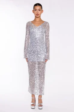 Glamorous Party Dresses|Going Out Dresses|Silver Sequin-Mesh V-neck Maxi-Dress -
