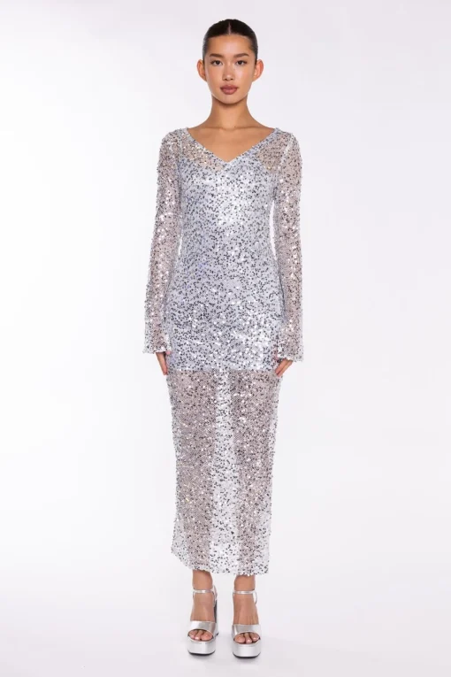 Glamorous Party Dresses|Going Out Dresses|Silver Sequin-Mesh V-neck Maxi-Dress -