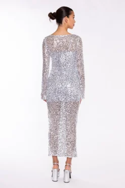 Glamorous Party Dresses|Going Out Dresses|Silver Sequin-Mesh V-neck Maxi-Dress -