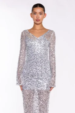 Glamorous Party Dresses|Going Out Dresses|Silver Sequin-Mesh V-neck Maxi-Dress -