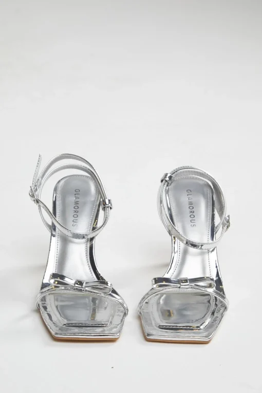 Glamorous Best Dressed Guest|Heels|Silver Strappy Bow Barely There-Heels -