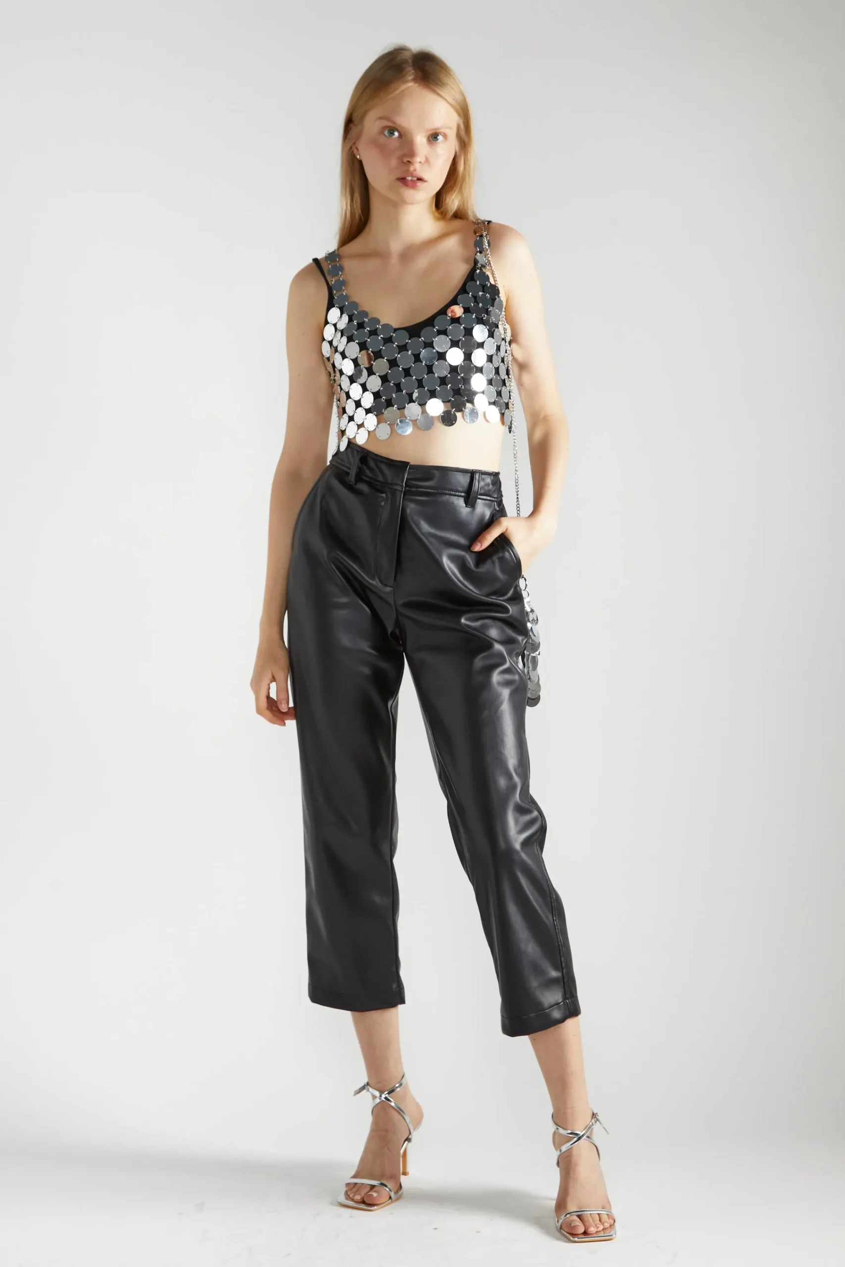 Glamorous Going Out Tops|Go To Partywear|Silver-Disc Chainmail Crop-Top -