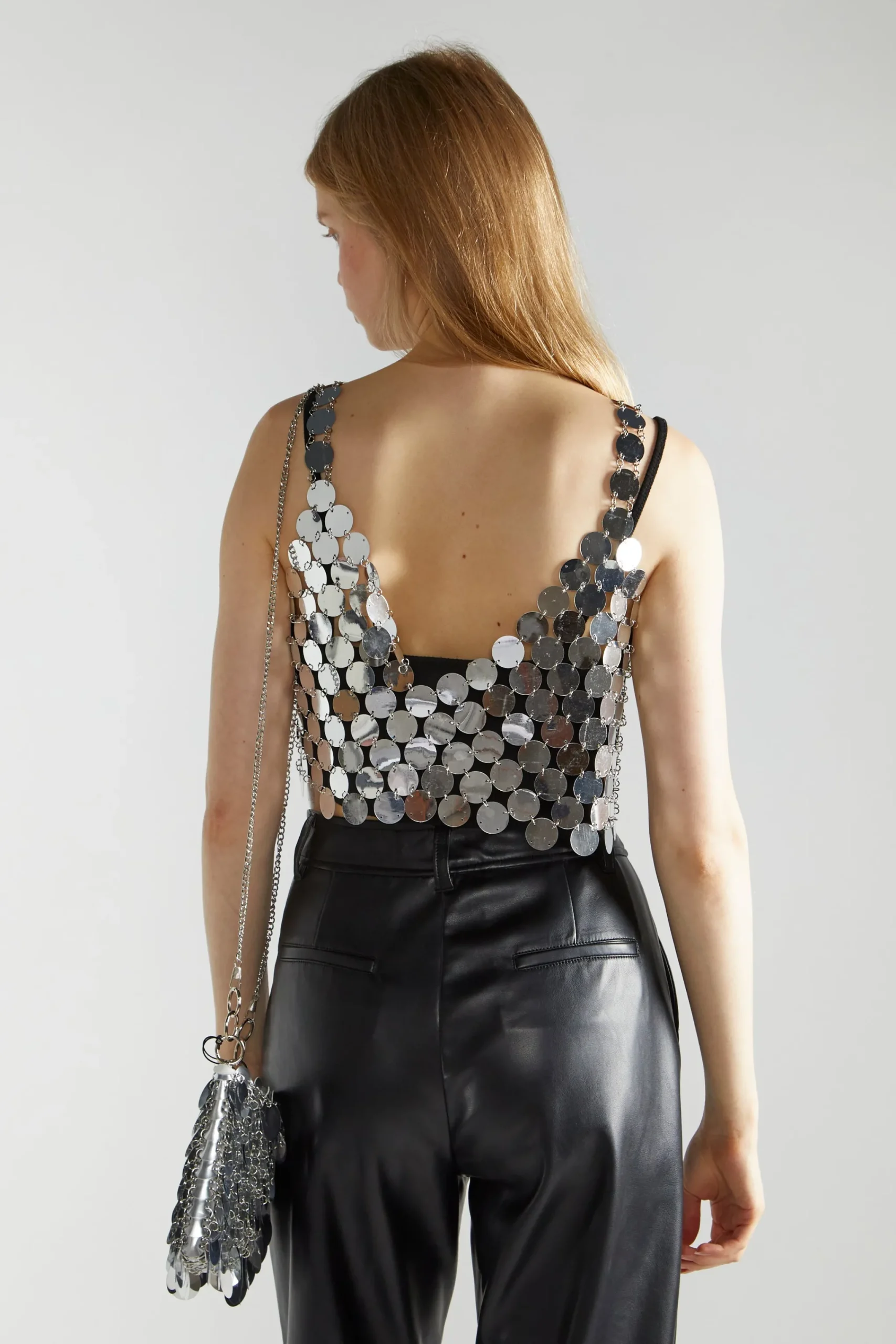 Glamorous Going Out Tops|Go To Partywear|Silver-Disc Chainmail Crop-Top -