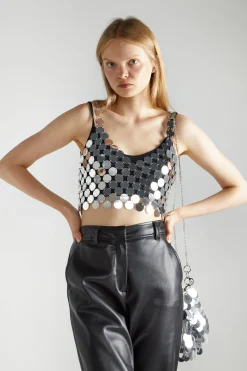 Glamorous Going Out Tops|Go To Partywear|Silver-Disc Chainmail Crop-Top -