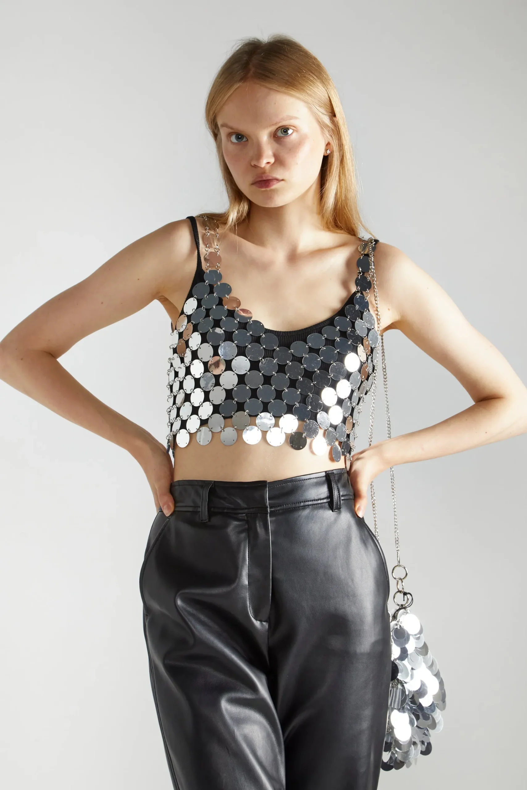 Glamorous Going Out Tops|Go To Partywear|Silver-Disc Chainmail Crop-Top -