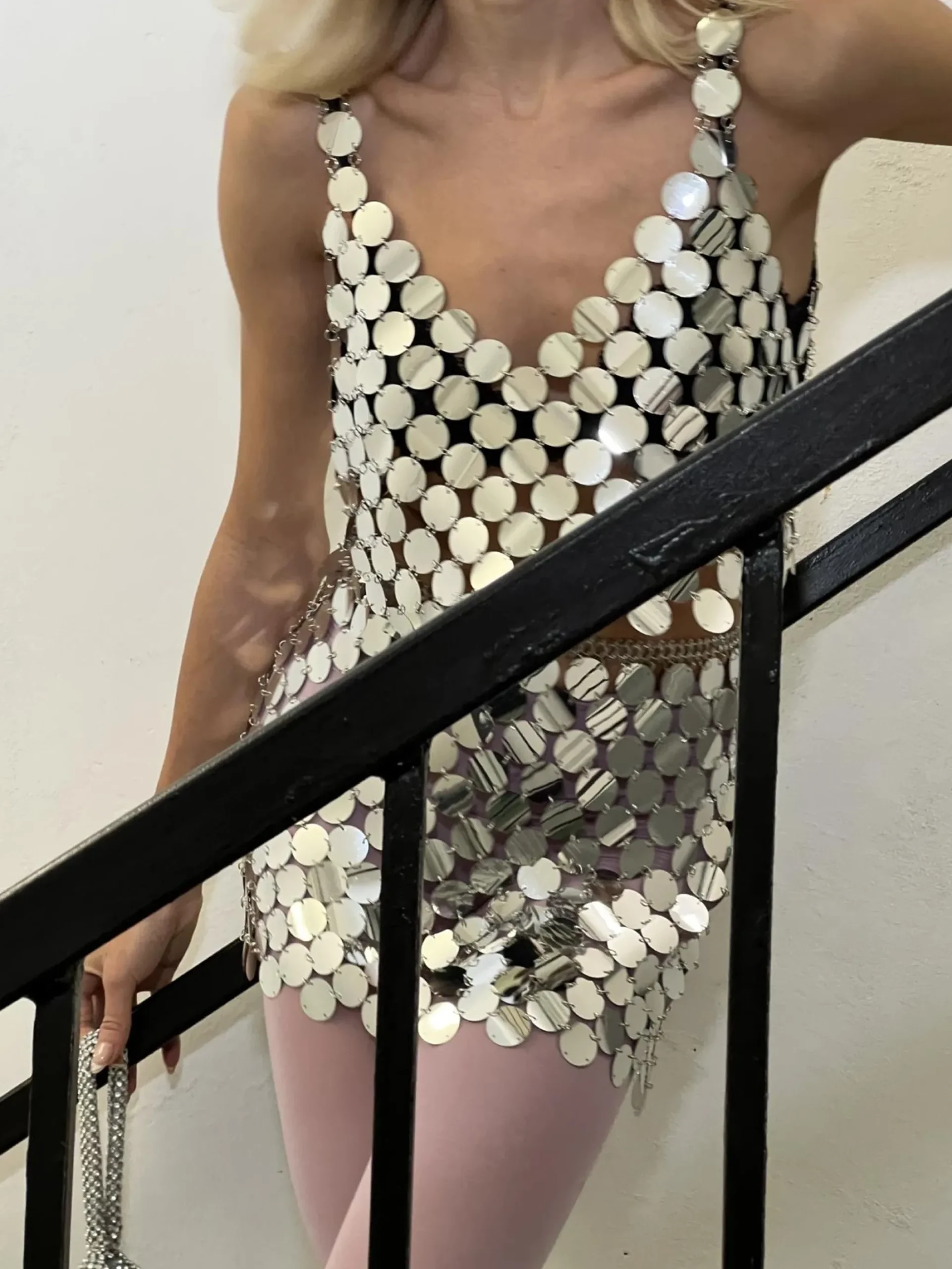 Glamorous Going Out Tops|Go To Partywear|Silver-Disc Chainmail Crop-Top -