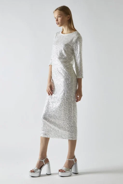 Glamorous Party Dresses|Going Out Dresses|Silver-Iridescent Sequin A-Line Midaxi-Dress -