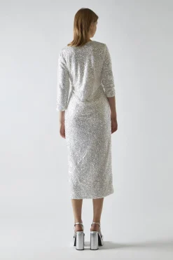Glamorous Party Dresses|Going Out Dresses|Silver-Iridescent Sequin A-Line Midaxi-Dress -