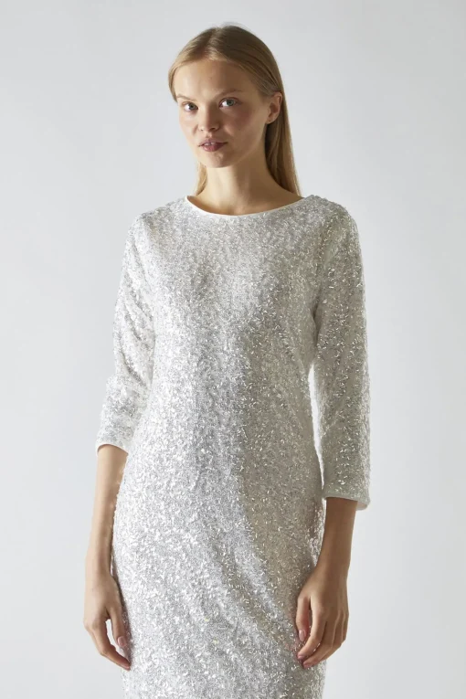 Glamorous Party Dresses|Going Out Dresses|Silver-Iridescent Sequin A-Line Midaxi-Dress -