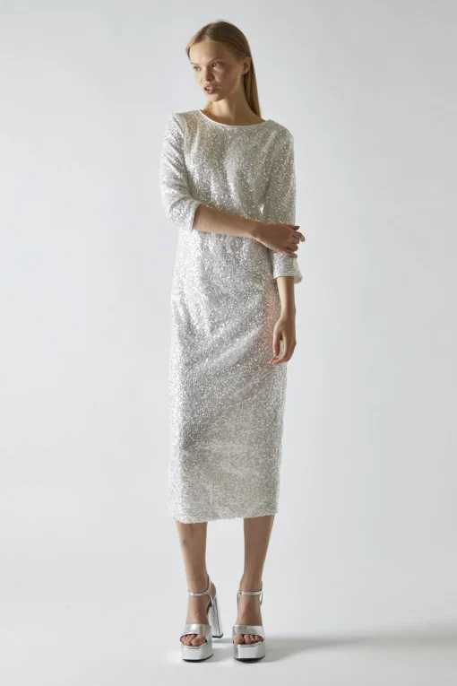 Glamorous Party Dresses|Going Out Dresses|Silver-Iridescent Sequin A-Line Midaxi-Dress -