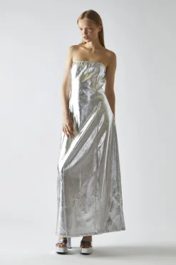 Glamorous Party Dresses|Going Out Dresses|Silver-PU Bandeau Maxi-Dress -