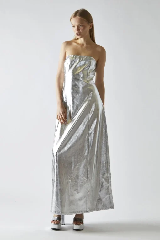 Glamorous Party Dresses|Going Out Dresses|Silver-PU Bandeau Maxi-Dress -