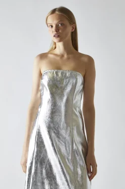Glamorous Party Dresses|Going Out Dresses|Silver-PU Bandeau Maxi-Dress -