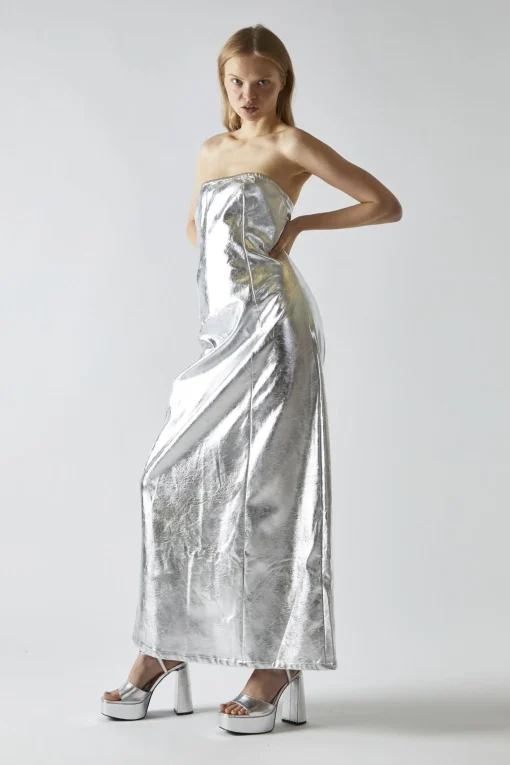 Glamorous Party Dresses|Going Out Dresses|Silver-PU Bandeau Maxi-Dress -