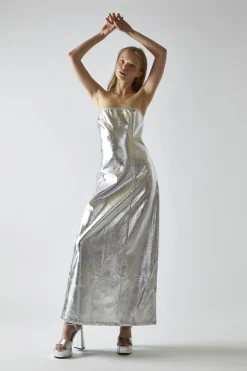 Glamorous Party Dresses|Going Out Dresses|Silver-PU Bandeau Maxi-Dress -