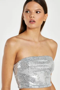 Glamorous Go To Partywear|Co-ords|Silver-Sequim Bandeau Crop-Top -