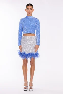 Glamorous Going Out Skirts|Mini Skirts|Silver-Sequin Blue Feather-Hem Mini-Skirt -