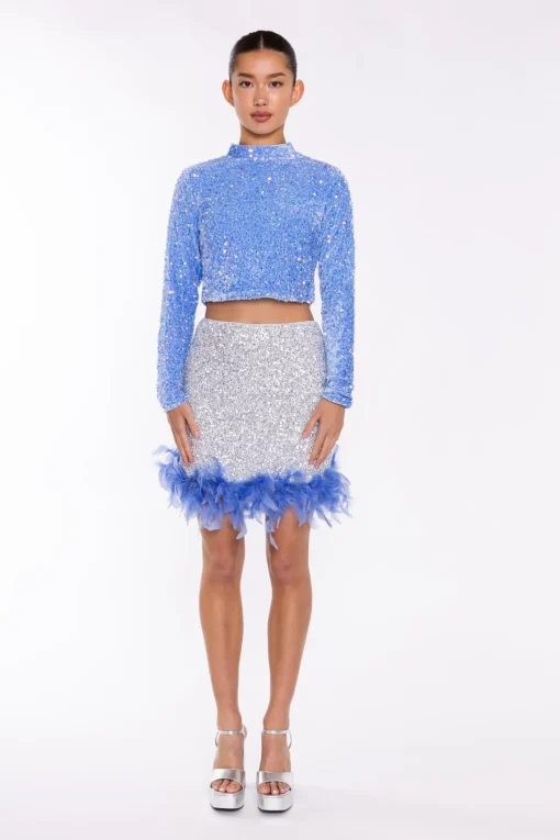 Glamorous Going Out Skirts|Mini Skirts|Silver-Sequin Blue Feather-Hem Mini-Skirt -