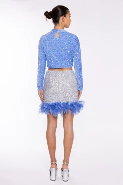 Glamorous Going Out Skirts|Mini Skirts|Silver-Sequin Blue Feather-Hem Mini-Skirt -