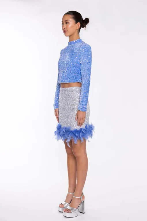 Glamorous Going Out Skirts|Mini Skirts|Silver-Sequin Blue Feather-Hem Mini-Skirt -