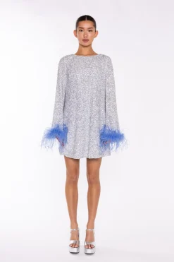 Glamorous Party Dresses|Going Out Dresses|Silver-Sequin Blue Feather-Cuff Mini-Dress -