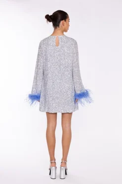 Glamorous Party Dresses|Going Out Dresses|Silver-Sequin Blue Feather-Cuff Mini-Dress -