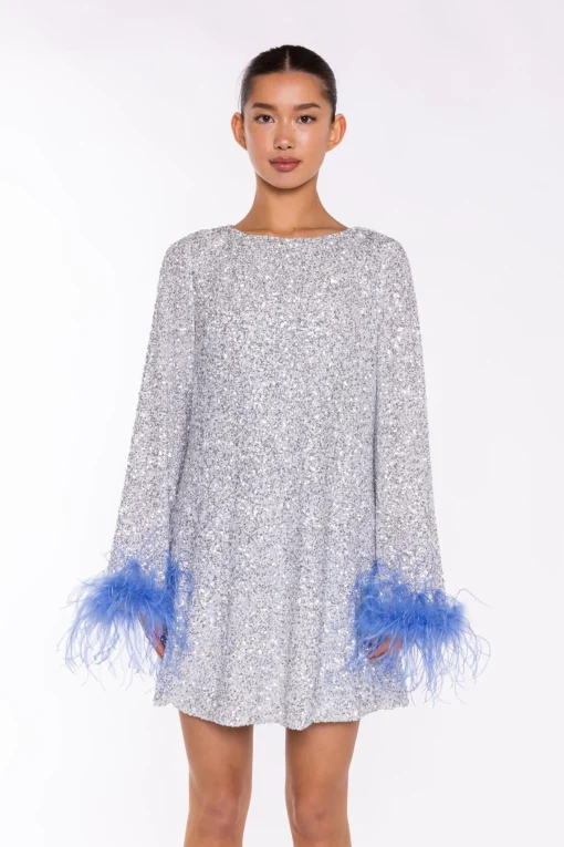 Glamorous Party Dresses|Going Out Dresses|Silver-Sequin Blue Feather-Cuff Mini-Dress -