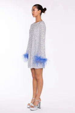 Glamorous Party Dresses|Going Out Dresses|Silver-Sequin Blue Feather-Cuff Mini-Dress -