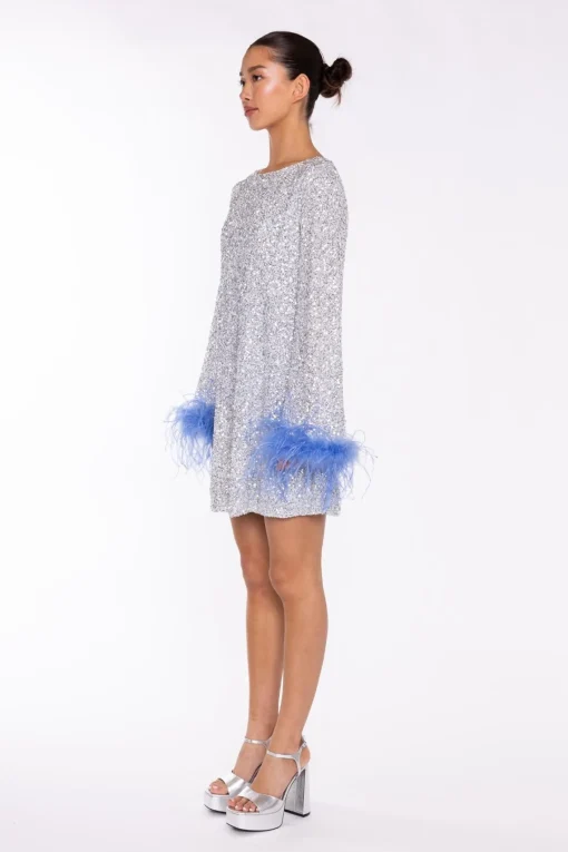 Glamorous Party Dresses|Going Out Dresses|Silver-Sequin Blue Feather-Cuff Mini-Dress -