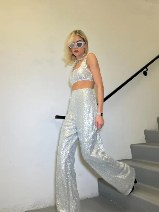 Glamorous Going Out Tops|Go To Partywear|Silver-Sequin corset Crop-top -