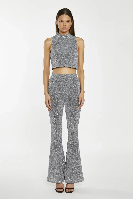 Glamorous Go To Partywear|Co-ords|Silver-Sequin Plisse Flared-Trousers -