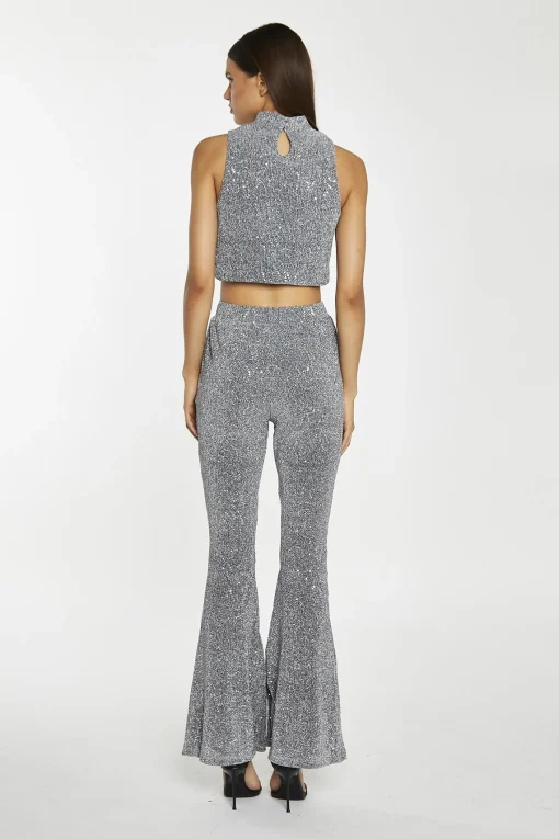 Glamorous Go To Partywear|Co-ords|Silver-Sequin Plisse Flared-Trousers -