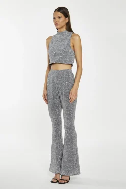 Glamorous Go To Partywear|Co-ords|Silver-Sequin Plisse Flared-Trousers -