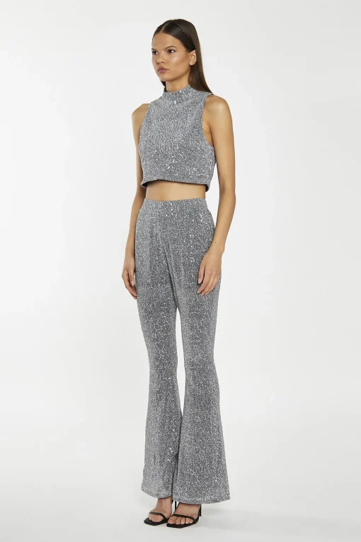 Glamorous Go To Partywear|Co-ords|Silver-Sequin Plisse Flared-Trousers -