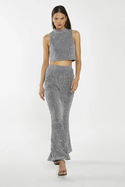 Glamorous Go To Partywear|Co-ords|Silver-Sequin Plisse Flared-Trousers -