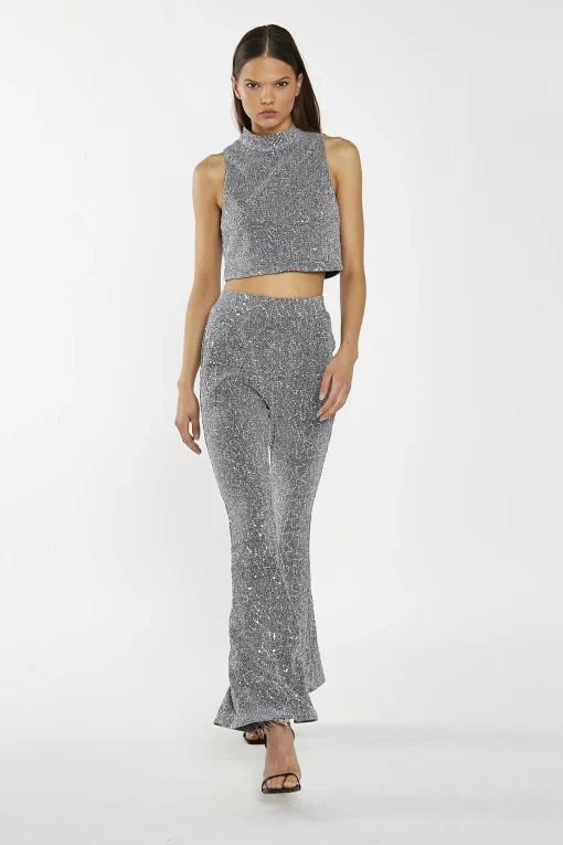 Glamorous Go To Partywear|Co-ords|Silver-Sequin Plisse Flared-Trousers -