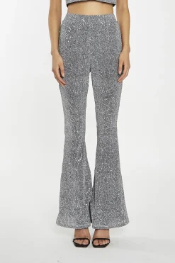 Glamorous Go To Partywear|Co-ords|Silver-Sequin Plisse Flared-Trousers -