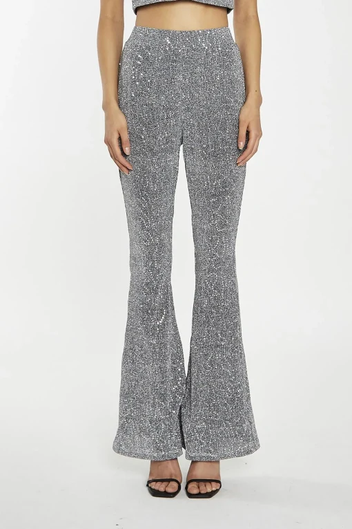 Glamorous Go To Partywear|Co-ords|Silver-Sequin Plisse Flared-Trousers -