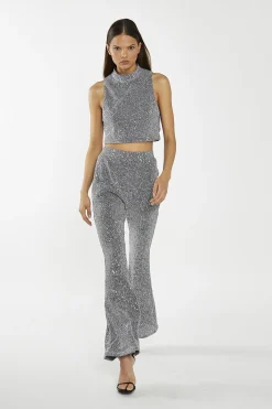 Glamorous Going Out Tops|Go To Partywear|Silver-Sequin Plisse High-Neck Crop-Top -