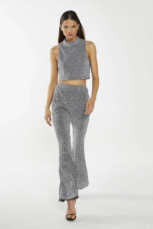 Glamorous Going Out Tops|Go To Partywear|Silver-Sequin Plisse High-Neck Crop-Top -