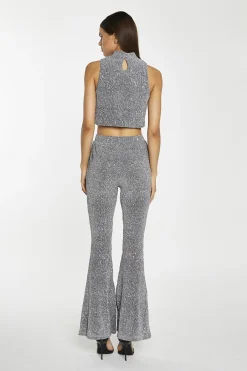 Glamorous Going Out Tops|Go To Partywear|Silver-Sequin Plisse High-Neck Crop-Top -