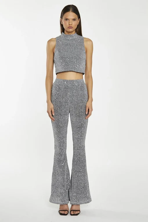Glamorous Going Out Tops|Go To Partywear|Silver-Sequin Plisse High-Neck Crop-Top -