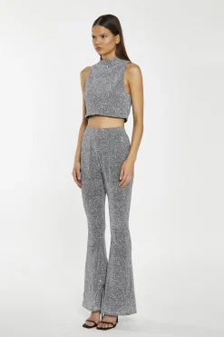 Glamorous Going Out Tops|Go To Partywear|Silver-Sequin Plisse High-Neck Crop-Top -