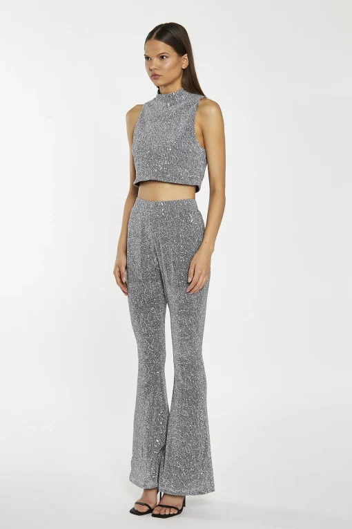Glamorous Going Out Tops|Go To Partywear|Silver-Sequin Plisse High-Neck Crop-Top -